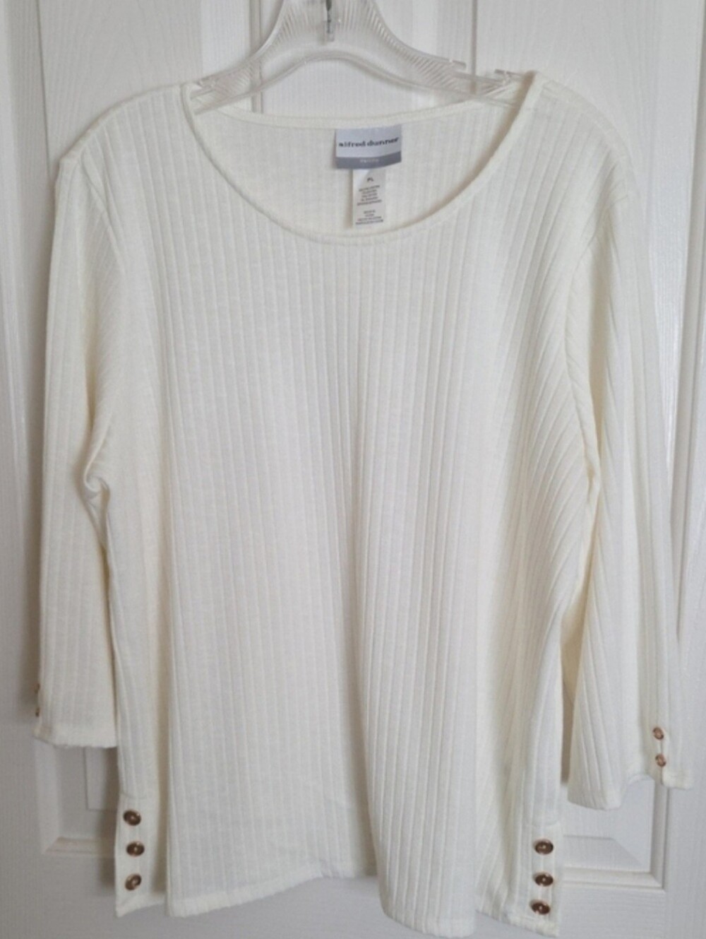 Alfred Dunner Cream Ribbed 3/4-Sleeve Top with Side Buttons - Picture 2 of 9